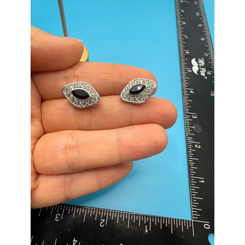 Attwood & Sawyer A&S Vintage Silver Tone Black Marquise Rhinestone Stud Earrings